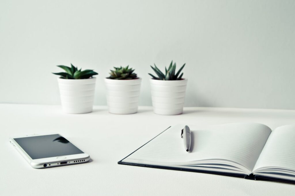 Trois pots en céramique blanche avec des plantes à feuilles vertes près de carnet ouvert avec un clic sur le stylo sur le dessus